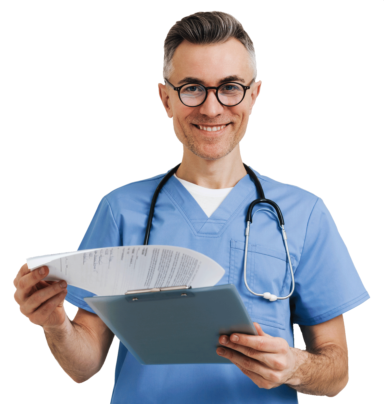 A smiling healthcare professional in scrubs holds a clipboard with documents, showcasing a friendly and approachable demeanor. The background is plain black, emphasizing the subject.